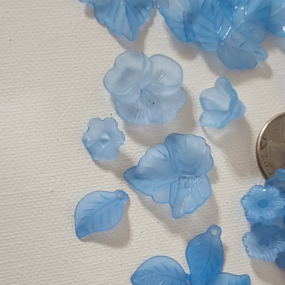 Light Blue Floral Acrylic Charms - Mixed Flower and Leaf Pendants